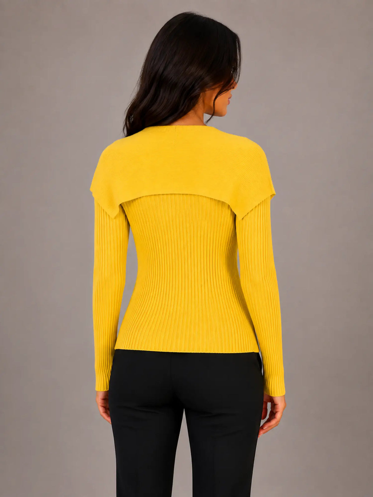 Women's Ribbed Cardigan – Gold Button Cape Collar in Yellow – Back view