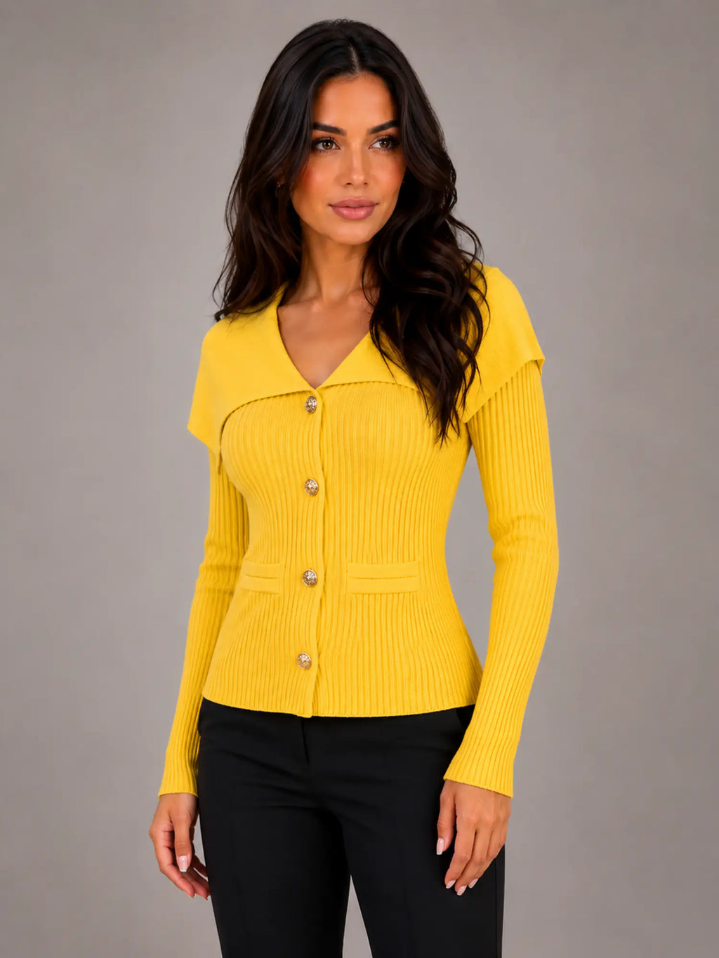 Women's Ribbed Cardigan – Gold Button Cape Collar in Yellow – Hover view
