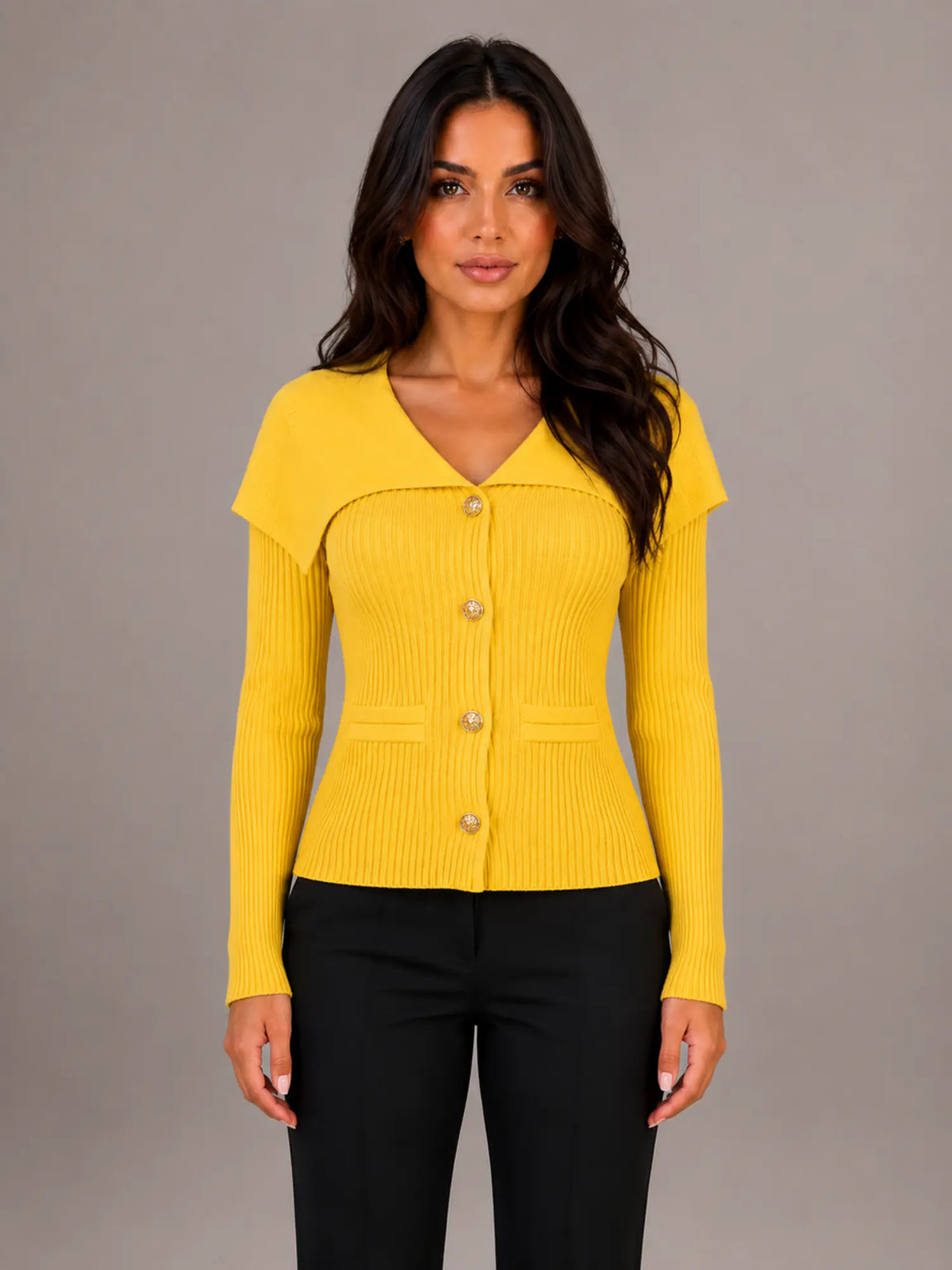 Women's Ribbed Cardigan – Gold Button Cape Collar in Yellow – Main view