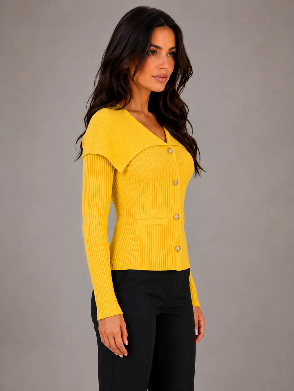 Women's Ribbed Cardigan – Gold Button Cape Collar in Yellow – Side view
