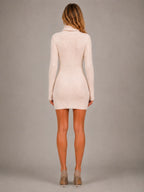 Women's Ribbed Mini Dress – Roll Neck Long Sleeve in Beige – Back view