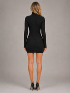 Women's Ribbed Mini Dress – Roll Neck Long Sleeve in Black – Back view