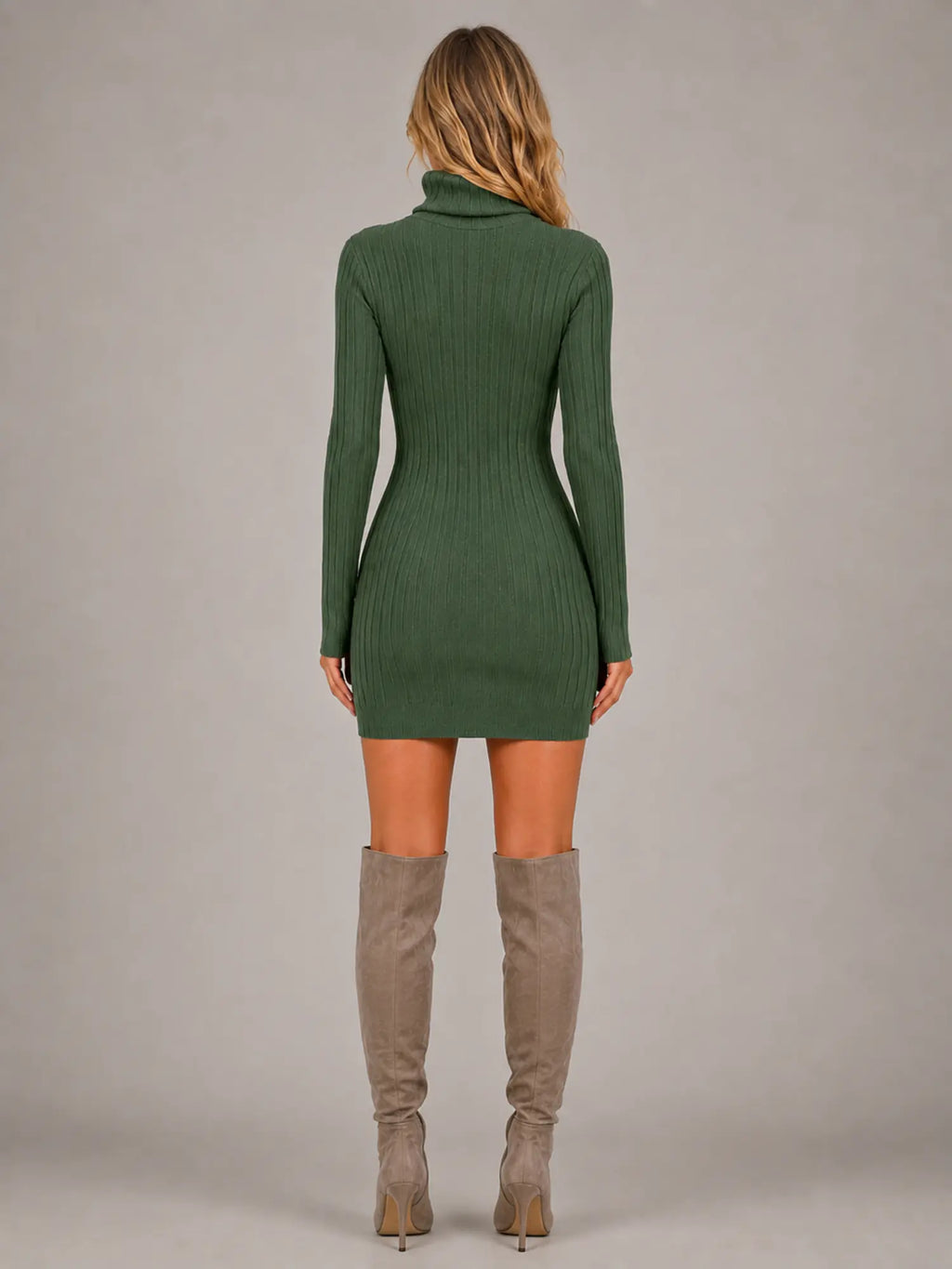 Women's Ribbed Mini Dress – Roll Neck Long Sleeve in Green – Back view