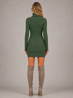 Women's Ribbed Mini Dress – Roll Neck Long Sleeve in Green – Back view