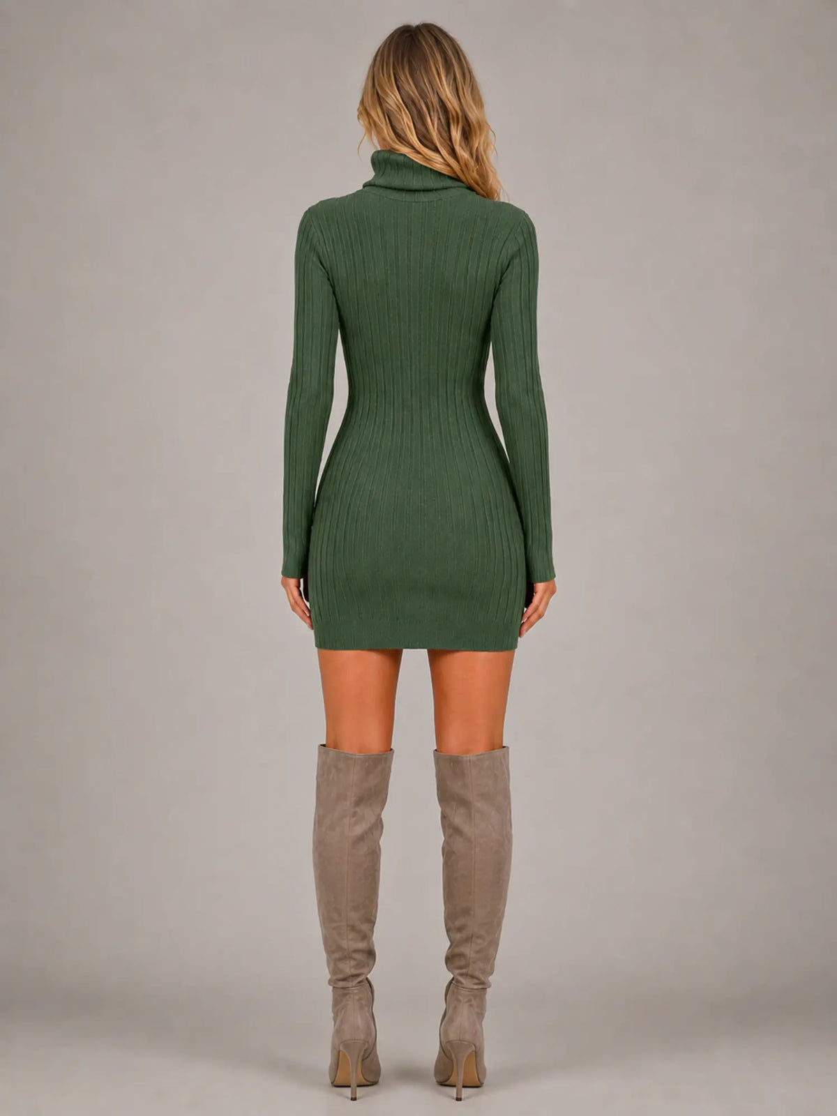 Women's Ribbed Mini Dress – Roll Neck Long Sleeve in Green – Back view