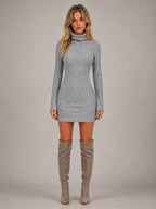 Women's Ribbed Mini Dress – Roll Neck Long Sleeve in Grey – Main view