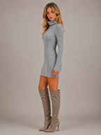 Women's Ribbed Mini Dress – Roll Neck Long Sleeve in Grey – Side view