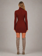 Women's Ribbed Mini Dress – Roll Neck Long Sleeve in Red – Back view