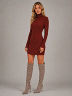 Women's Ribbed Mini Dress – Roll Neck Long Sleeve in Red – Hover view