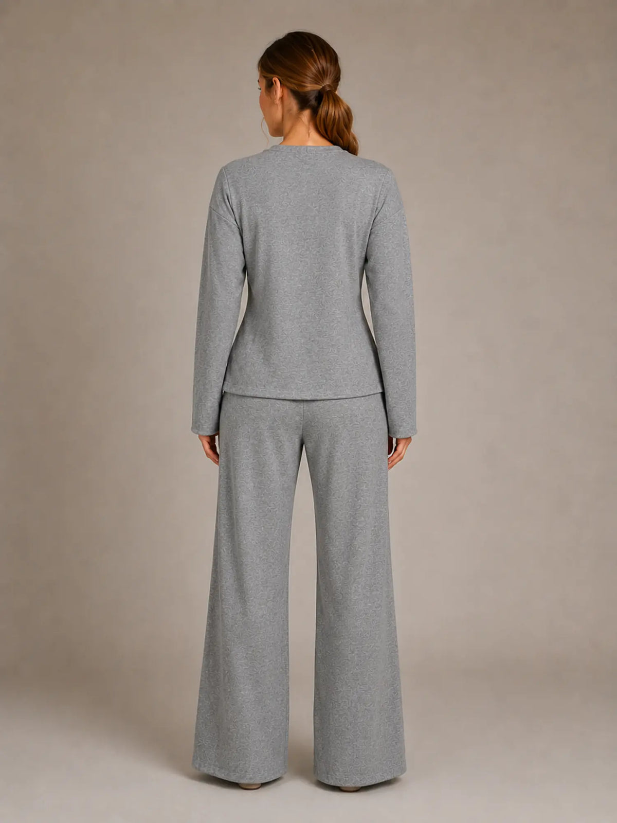 Women's Lounge Co-Ord Set – Fitted Top & Wide Leg Trousers in Grey – Back view