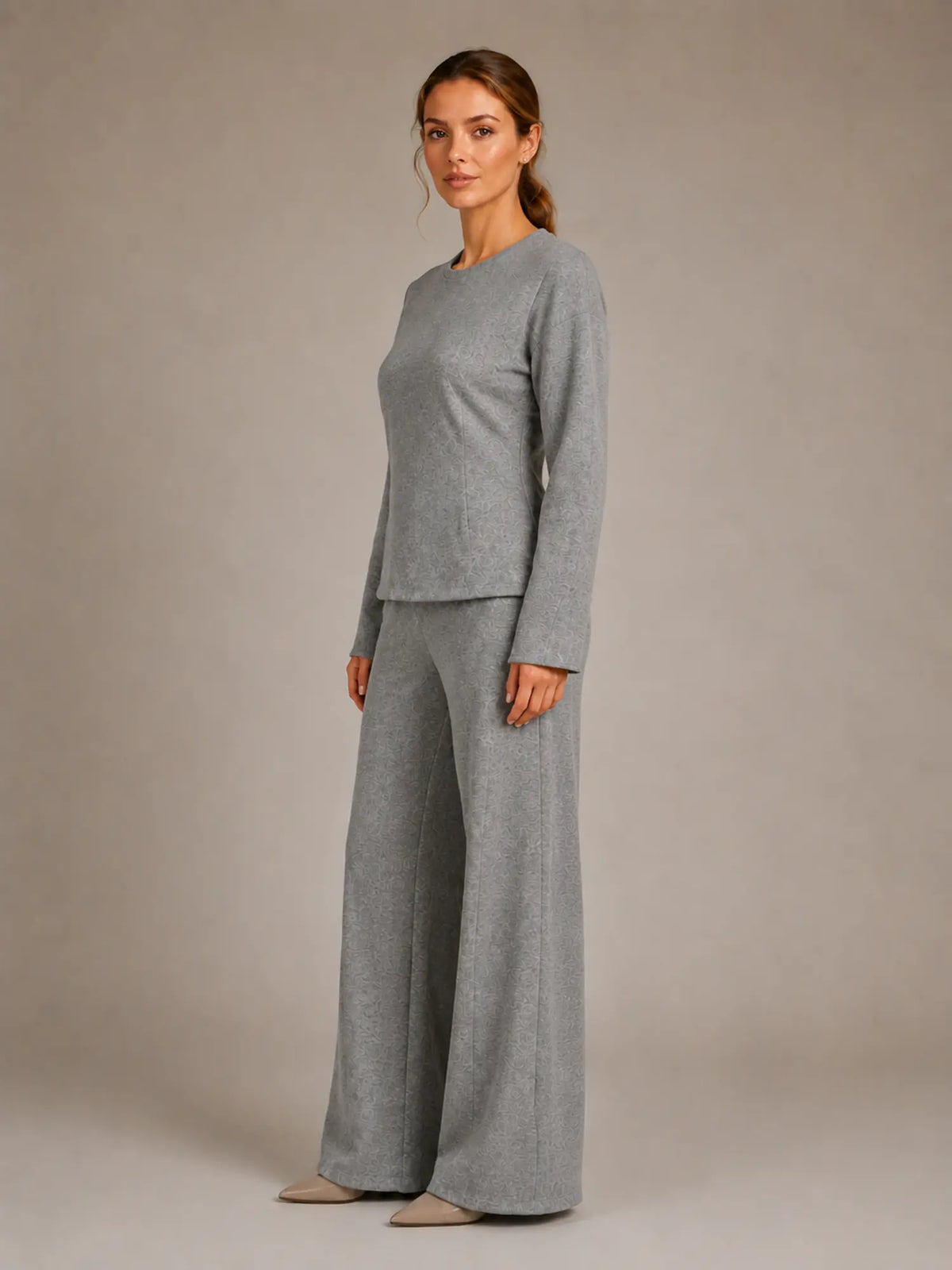 Women's Lounge Co-Ord Set – Fitted Top & Wide Leg Trousers in Grey – Side view