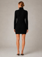 Women's Cable Knit Mini Dress – Roll Neck Long Sleeve in Black – Back view