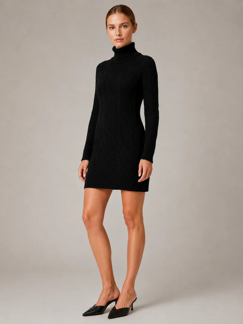 Women's Cable Knit Mini Dress – Roll Neck Long Sleeve in Black – Hover view