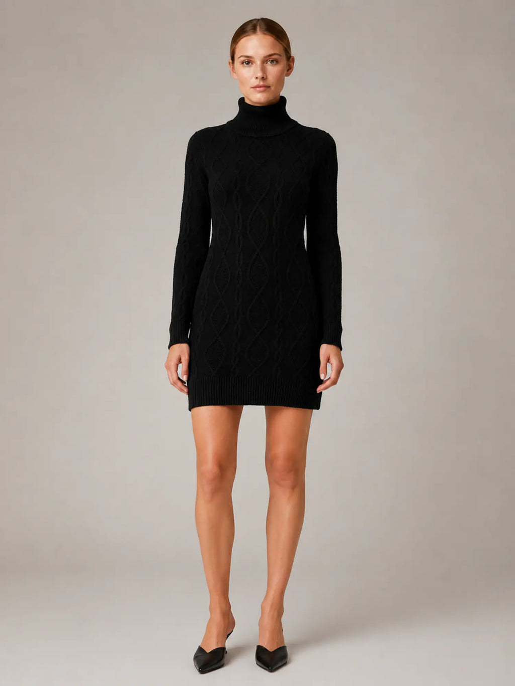 Women's Cable Knit Mini Dress – Roll Neck Long Sleeve in Black – Main view