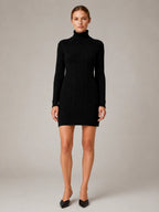 Women's Cable Knit Mini Dress – Roll Neck Long Sleeve in Black – Main view