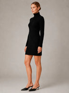 Women's Cable Knit Mini Dress – Roll Neck Long Sleeve in Black – Side view
