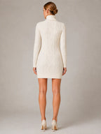 Women's Cable Knit Mini Dress – Roll Neck Long Sleeve in Cream – Back view