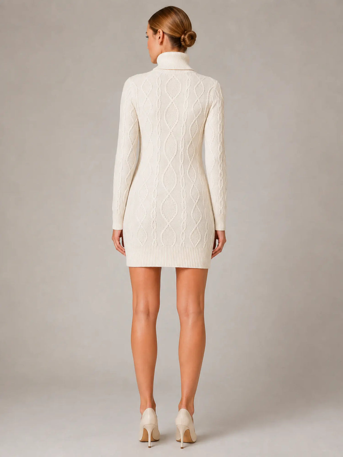 Women's Cable Knit Mini Dress – Roll Neck Long Sleeve in Cream – Back view