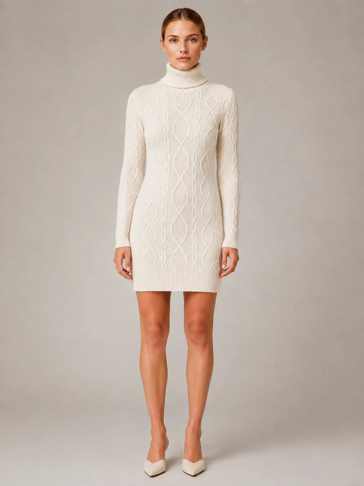 Women's Cable Knit Mini Dress – Roll Neck Long Sleeve in Cream – Main view