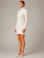 Women's Cable Knit Mini Dress – Roll Neck Long Sleeve in Cream – Side view