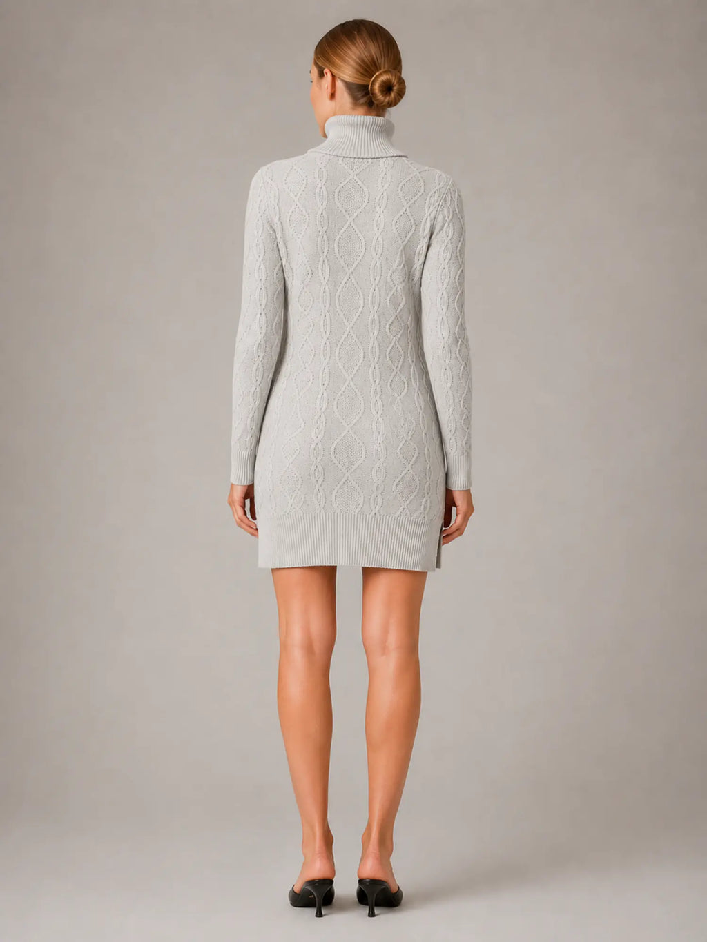 Women's Cable Knit Mini Dress – Roll Neck Long Sleeve in Grey – Back view