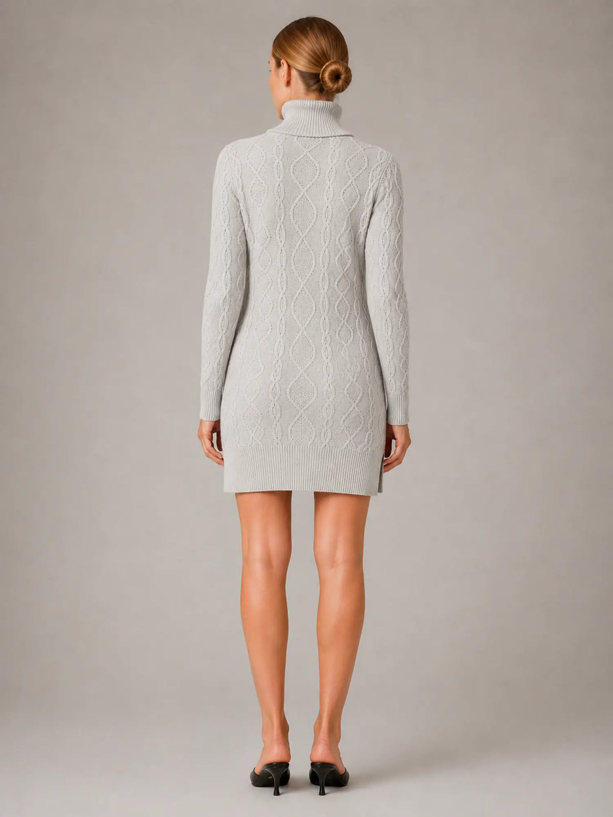 Women's Cable Knit Mini Dress – Roll Neck Long Sleeve in Grey – Back view