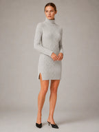 Women's Cable Knit Mini Dress – Roll Neck Long Sleeve in Grey – Hover view