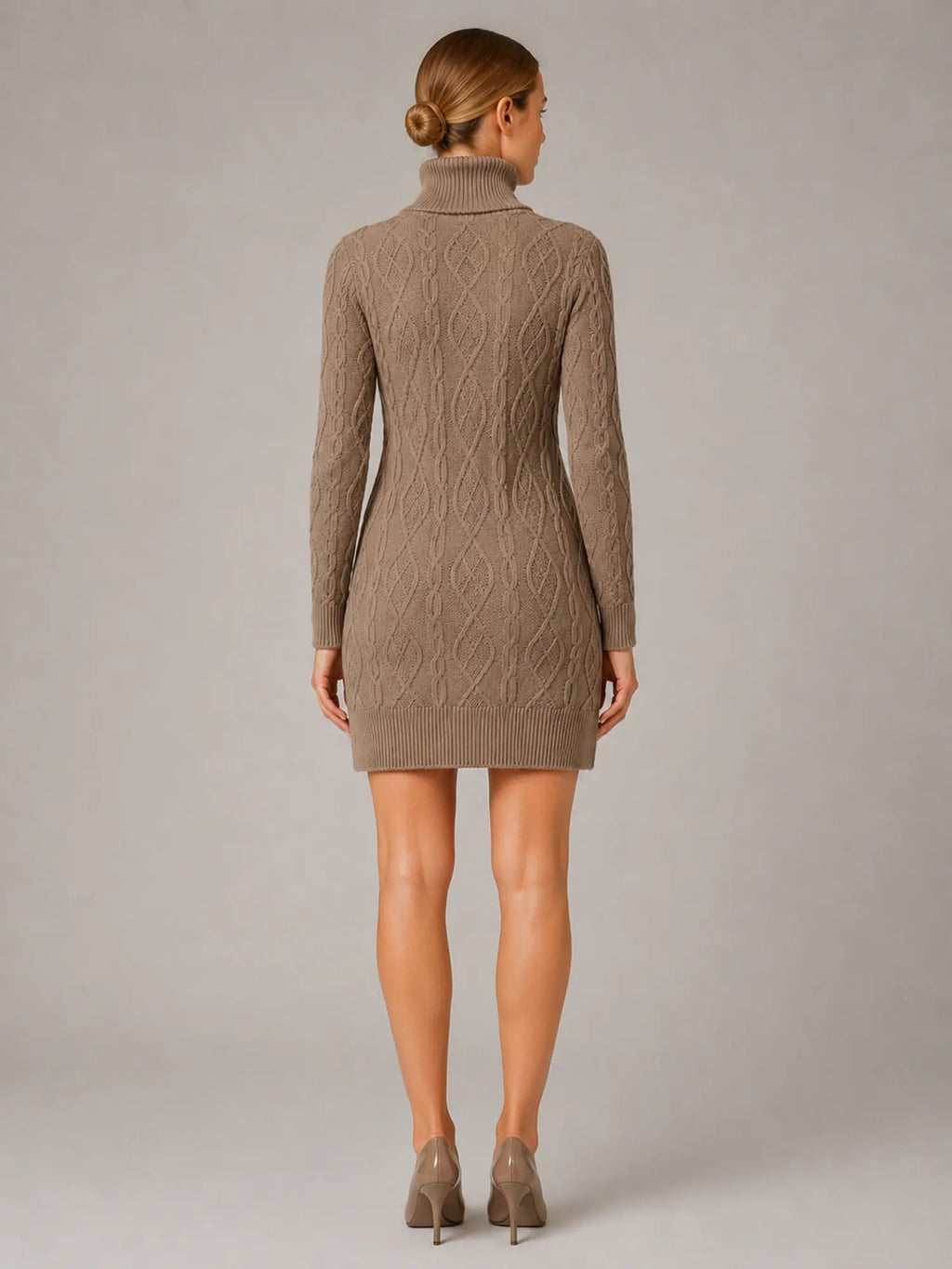 Women's Cable Knit Mini Dress – Roll Neck Long Sleeve in Khaki – Back view