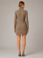 Women's Cable Knit Mini Dress – Roll Neck Long Sleeve in Khaki – Back view