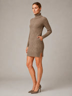 Women's Cable Knit Mini Dress – Roll Neck Long Sleeve in Khaki – Hover view
