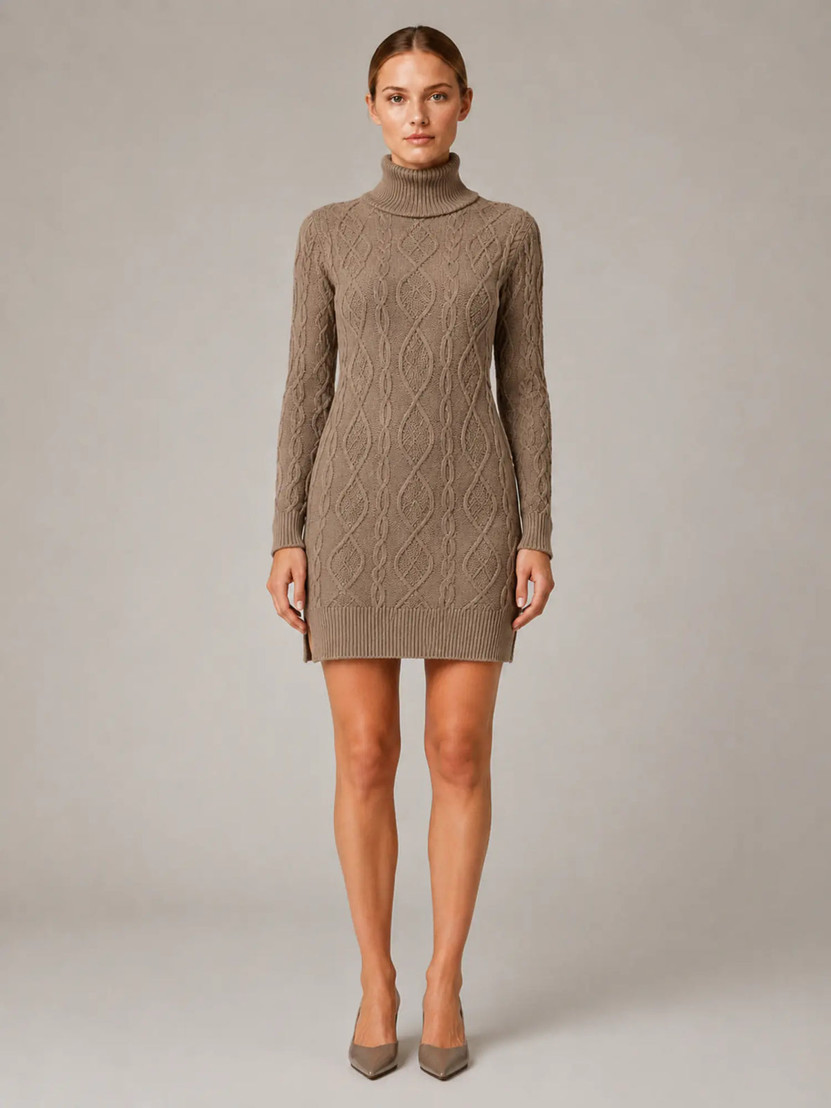Women's Cable Knit Mini Dress – Roll Neck Long Sleeve in Khaki – Main view