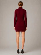 Women's Cable Knit Mini Dress – Roll Neck Long Sleeve in Red – Back view