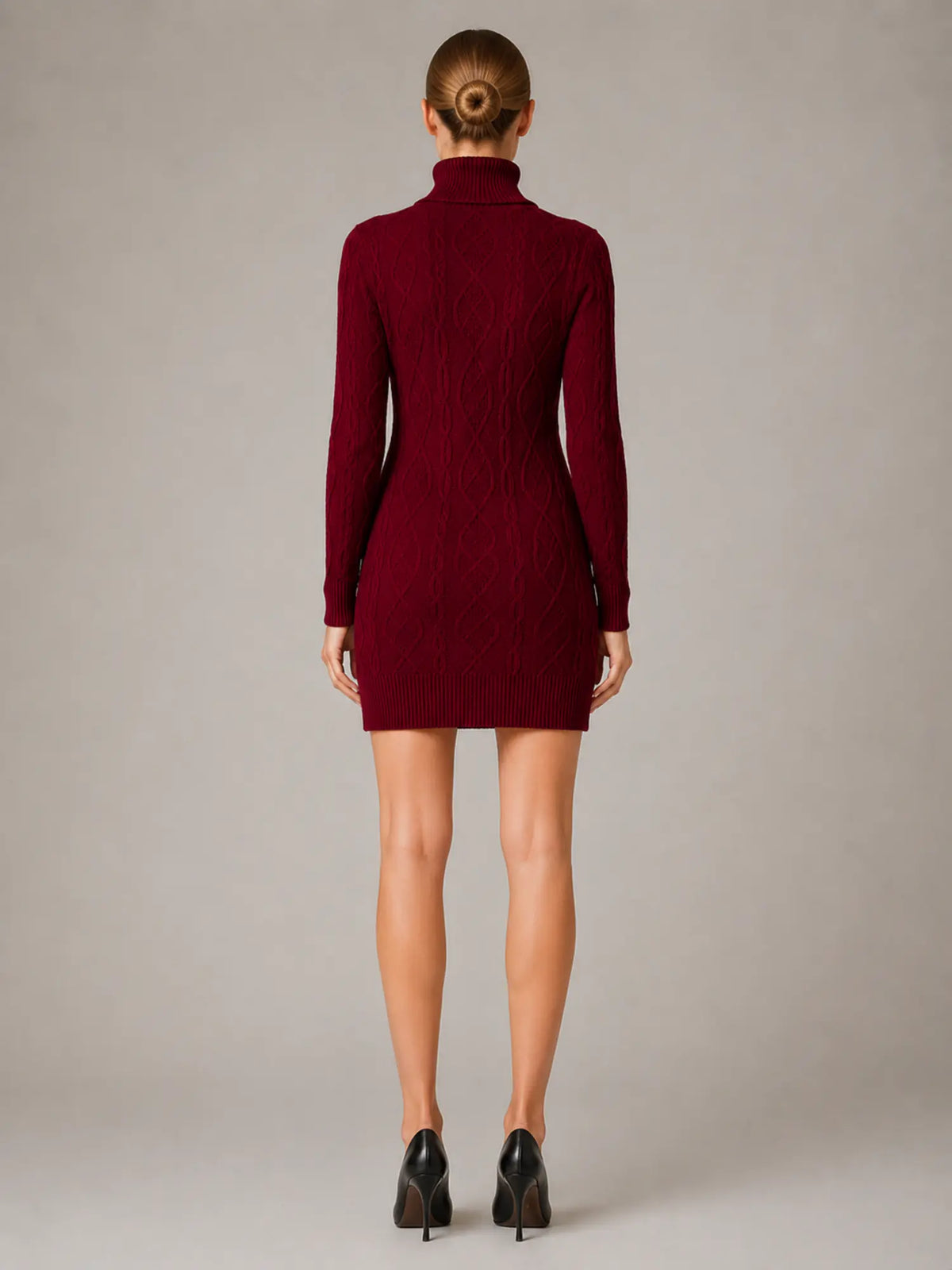 Women's Cable Knit Mini Dress – Roll Neck Long Sleeve in Red – Back view