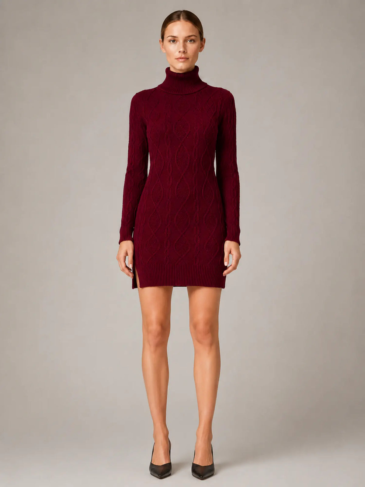 Women's Cable Knit Mini Dress – Roll Neck Long Sleeve in Red – Main view