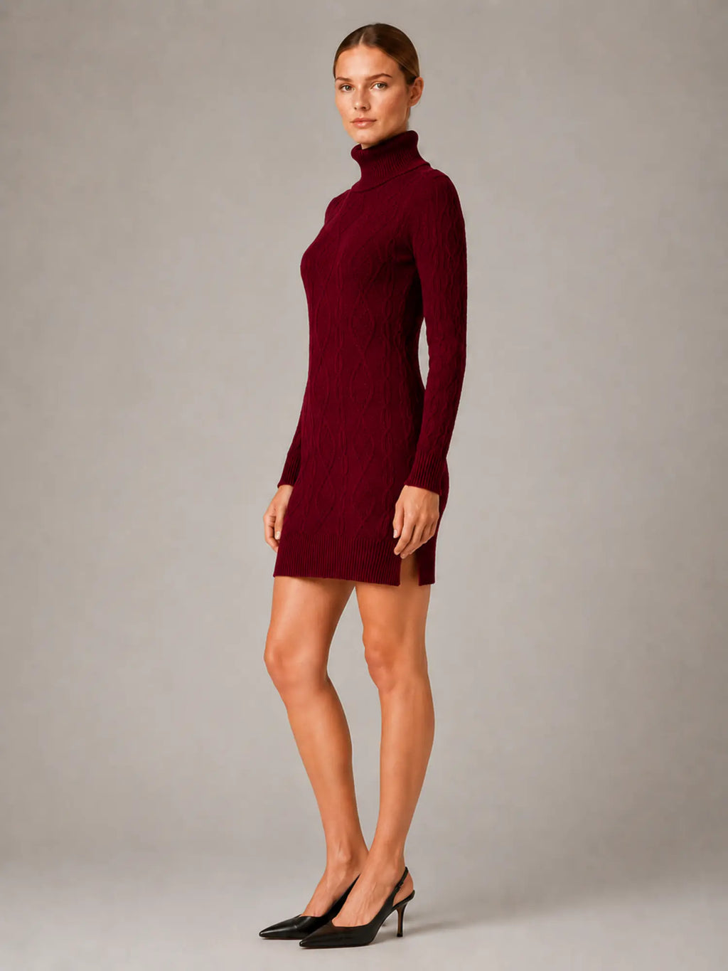 Women's Cable Knit Mini Dress – Roll Neck Long Sleeve in Red – Side view