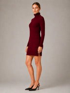 Women's Cable Knit Mini Dress – Roll Neck Long Sleeve in Red – Side view