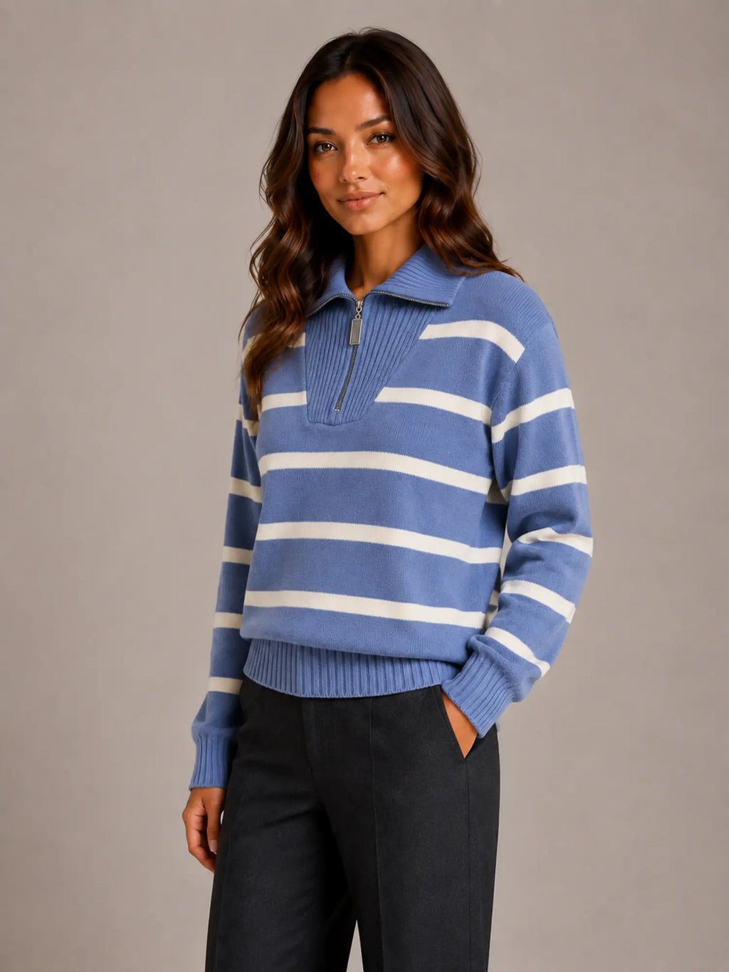 Women's Striped Half-Zip Jumper – Relaxed Collar in Blue – Hover view