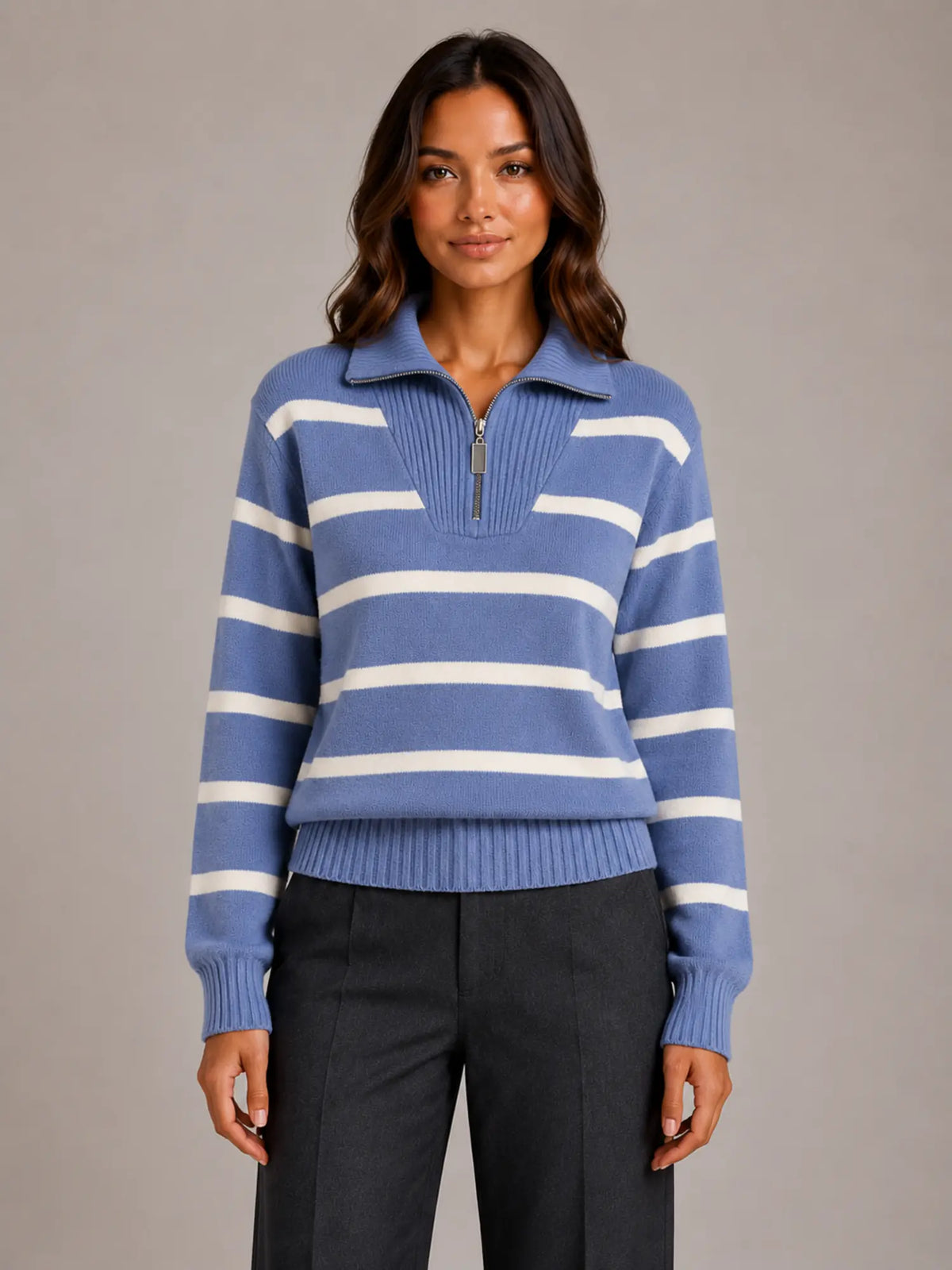 Women's Striped Half-Zip Jumper – Relaxed Collar in Blue – Main view