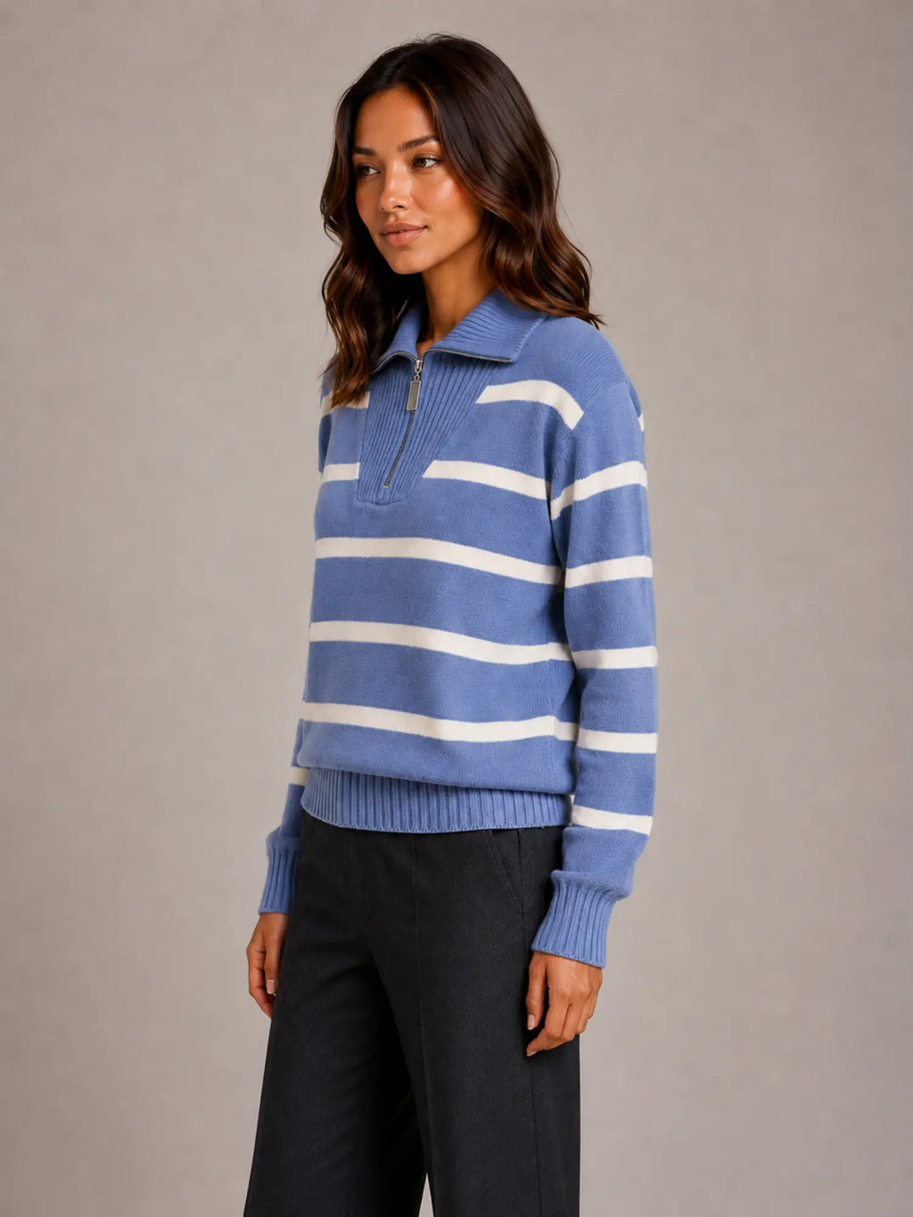 Women's Striped Half-Zip Jumper – Relaxed Collar in Blue – Side view