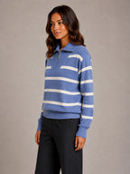 Women's Striped Half-Zip Jumper – Relaxed Collar in Blue – Side view