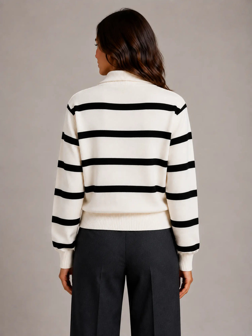 Women's Striped Half-Zip Jumper – Relaxed Collar in Cream – Back view