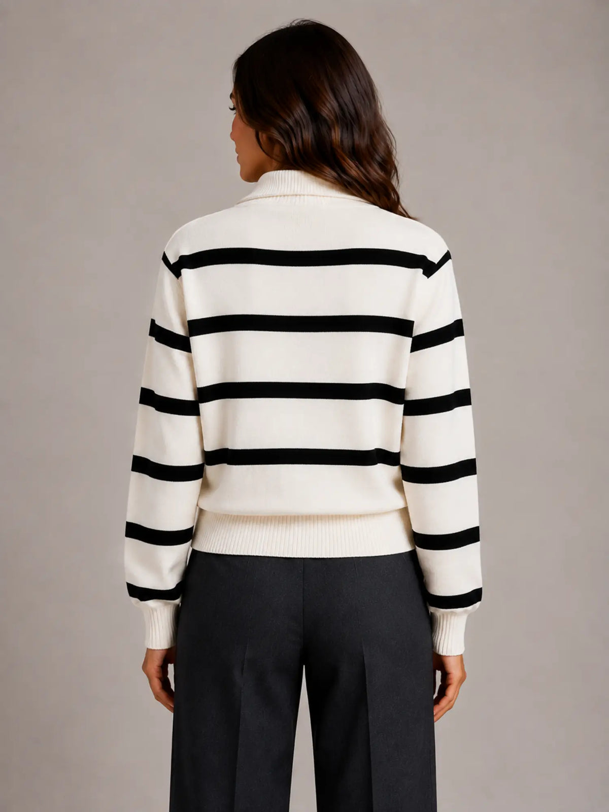 Women's Striped Half-Zip Jumper – Relaxed Collar in Cream – Back view