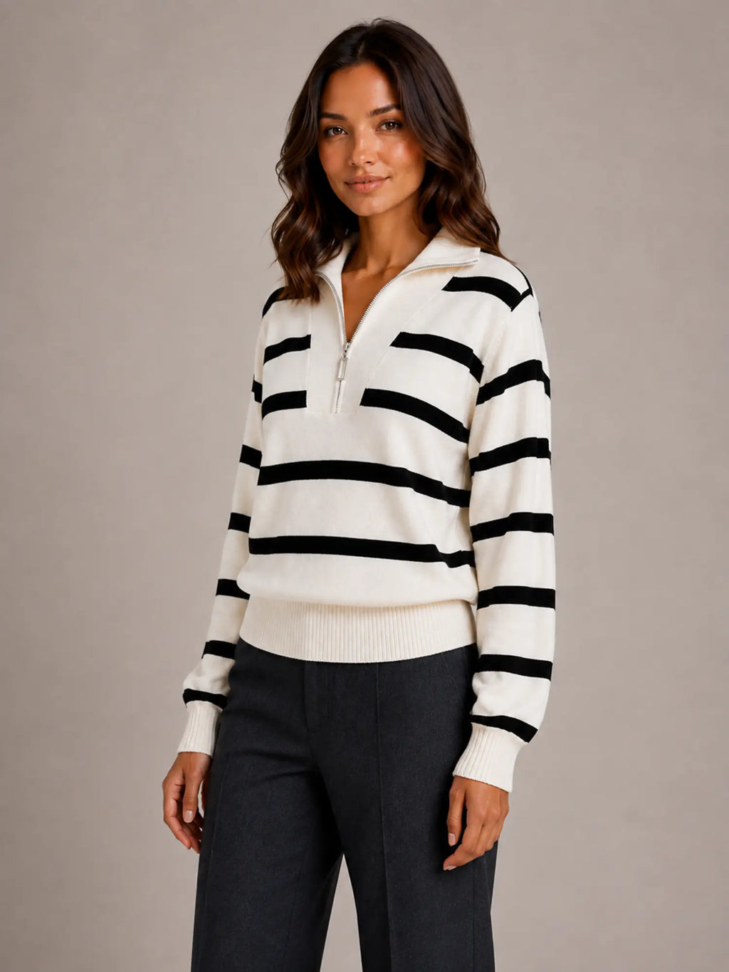 Women's Striped Half-Zip Jumper – Relaxed Collar in Cream – Hover view