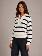Women's Striped Half-Zip Jumper – Relaxed Collar in Cream – Hover view