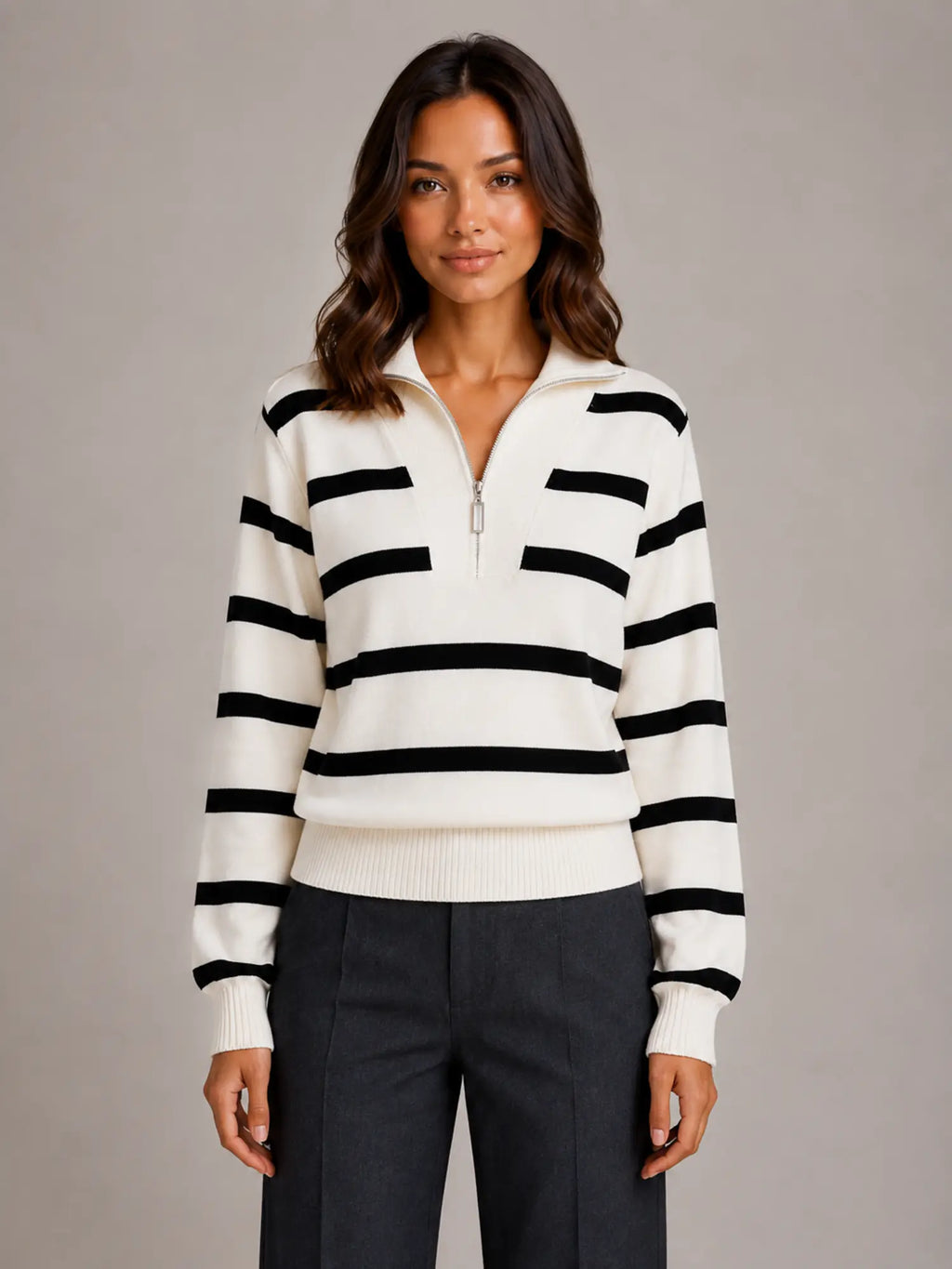 Women's Striped Half-Zip Jumper – Relaxed Collar in Cream – Main view