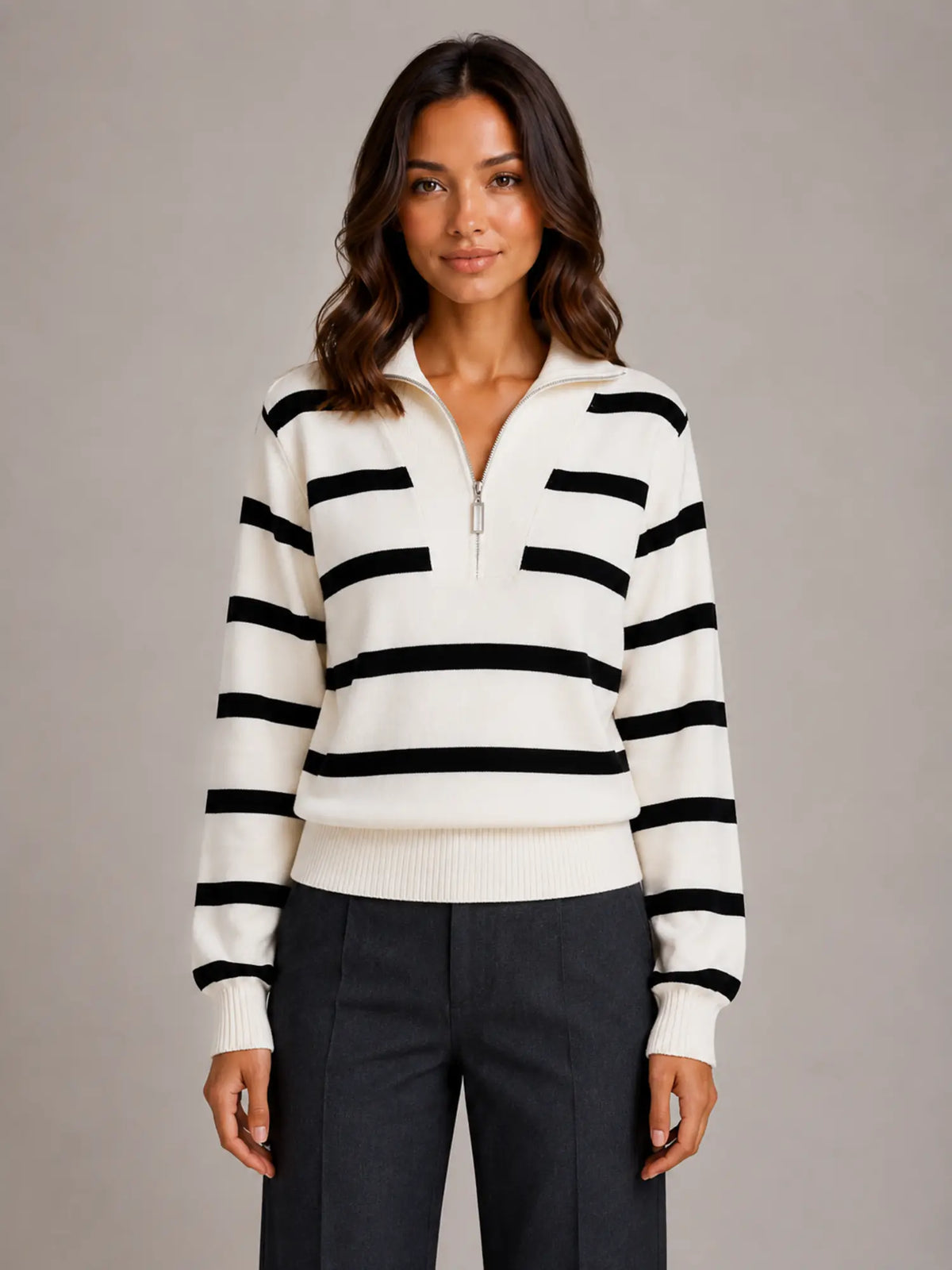 Women's Striped Half-Zip Jumper – Relaxed Collar in Cream – Main view
