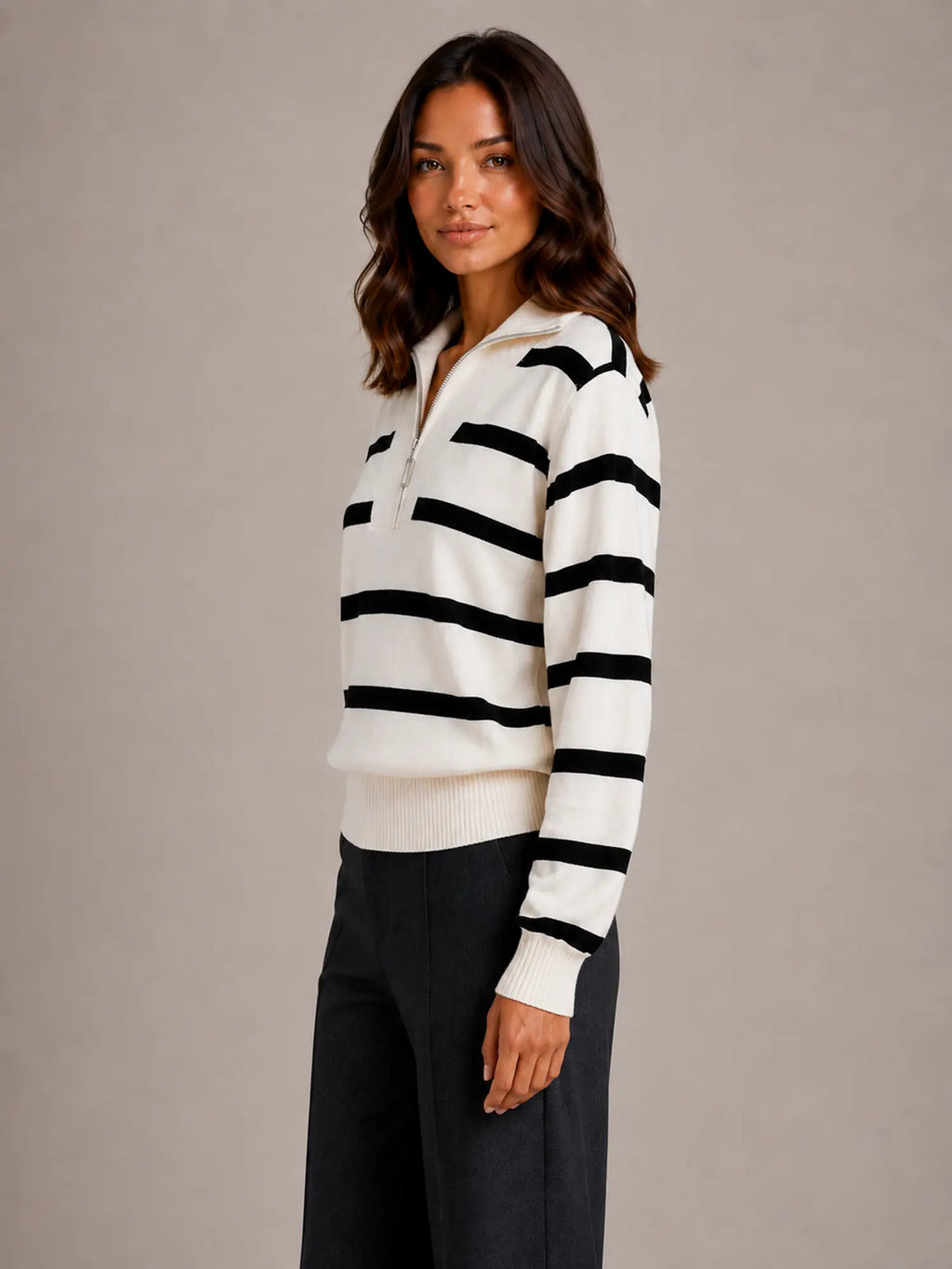 Women's Striped Half-Zip Jumper – Relaxed Collar in Cream – Side view