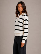 Women's Striped Half-Zip Jumper – Relaxed Collar in Cream – Side view