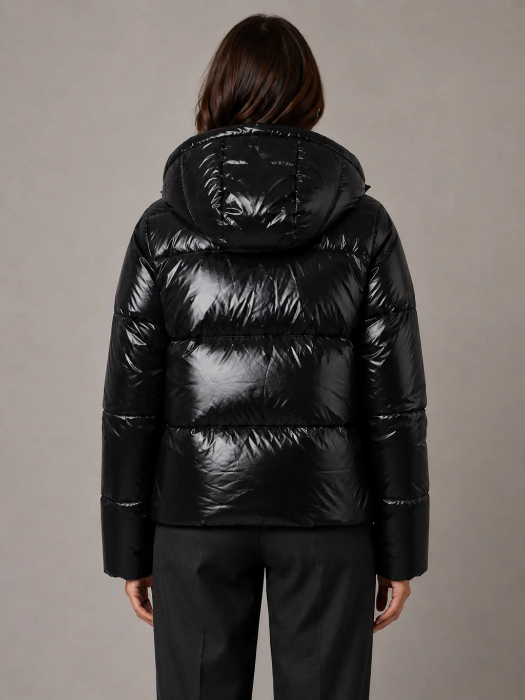 Women's Shiny Puffer Jacket – Hooded Cropped Style in Black – Back view