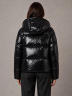 Women's Shiny Puffer Jacket – Hooded Cropped Style in Black – Back view